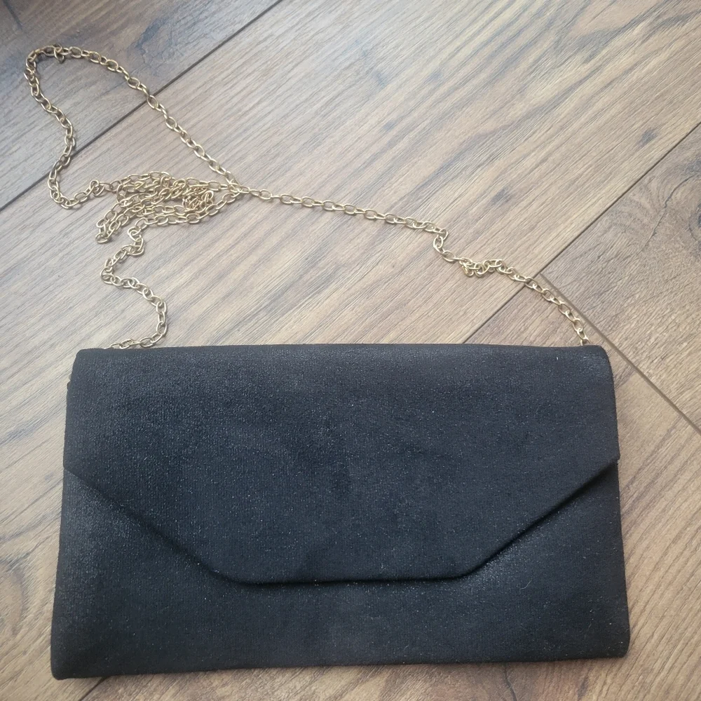 Black Glitter Velvet Feel Chic Classy Envelope Style Clutch with Gold Chain